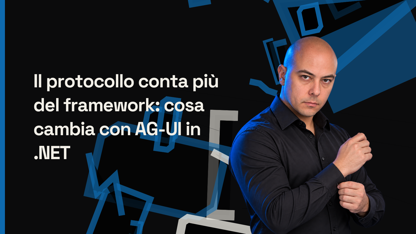 Diego Cecato con composizione geometrica editoriale dedicata ad AG-UI e al protocollo per agenti .NET